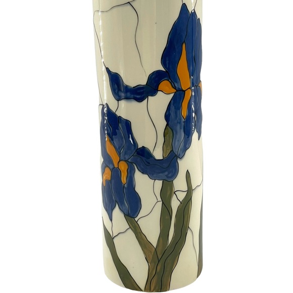 Vintage Japanese Otagiri Slender Off White Slender Vase w/ Blue Iris Motif 12.5" - Picture 3 of 11